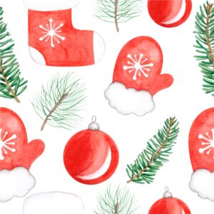 Christmas socks and mitten seamless pattern. pine branch. vector illustration