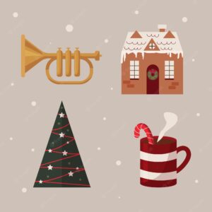 Christmas sticker set gingerbread house horn hot cocoa cup and christmas tree