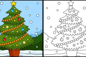 Christmas tree coloring page colored illustration