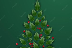 Christmas tree made of holly berry leaves with star holiday background and festive decorations new