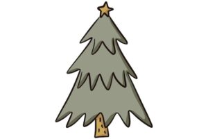 Christmas tree pine with star colorful winter design doodle illustration in flat cartoon style