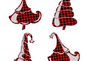 Christmas tree set. funny christmas trees in black and red checkered