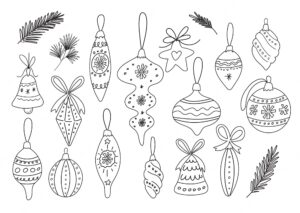 Christmas tree toys doodle set vector colorless set design elements for page of childrens coloring