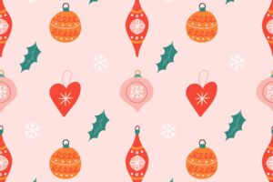 Christmas tree toys with snowflakes on pink background vector seamless pattern