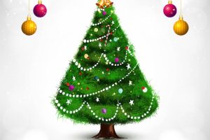 Christmas tree in winter holiday card background