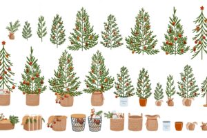 Christmas trees and buckets vector illustrations set