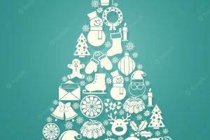Christmas vector greeting card with a tree composed of a variety of seasonal icons in white silhouette arranged in the shape of a conical tree on blue with text below for xmas and new year