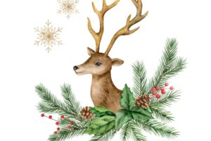 Christmas vector watercolor wreath with a deer and fir branches