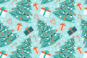 Christmas vector winter seamless pattern with fir tree, gifts and candy cane