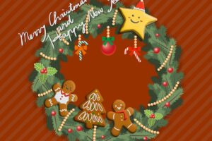Christmas wreath on red background with gingerbread composition and icing, decoration