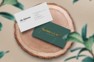 Clean minimal business card on wood cut natural and tropical background logo mockup premium psd