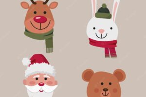Collection of cartoon christmas characters in winter warm accessories santa claus bear deer and bunny