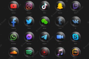 Collection of popular social media network modern round black web icons set
