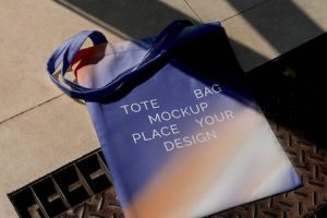 Colorful tote bag mock-up outdoors on golden hour