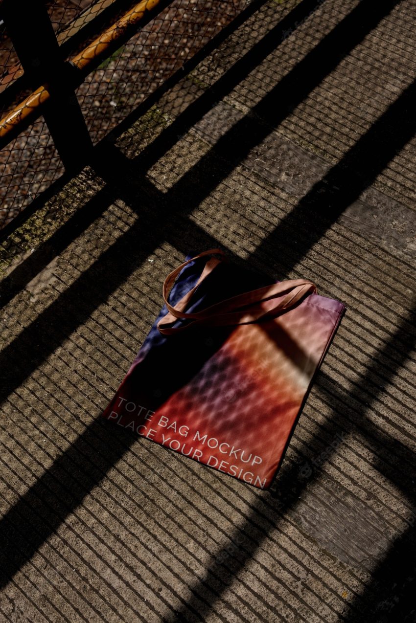 Colorful tote bag mock-up outdoors on golden hour