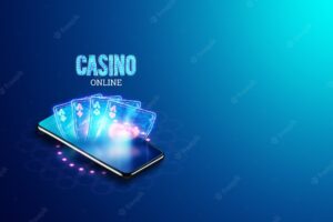Concept for online casino, gambling, online money games, bets. smartphone and neon casino sign, roulette, and dice. site header, flyer, poster, template for advertising. 3d illustration, 3d render.