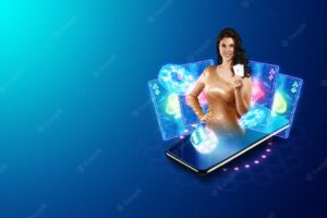 Concept for online casino, gambling, online money games, bets. smartphone and pretty girl with playing cards in hand. website header, flyer, poster, template for advertising.