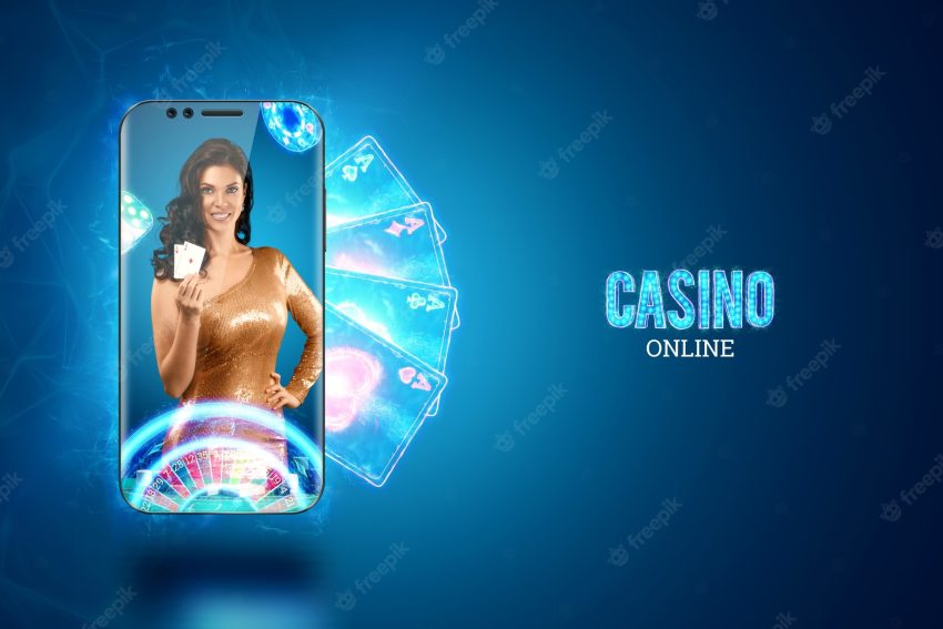 Concept for online casino, gambling, online money games, bets. smartphone and pretty girl with playing cards in hand. website header, flyer, poster, template for advertising.