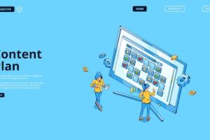 Content plan banner. concept of organization work in social media, publication management. vector landing page with isometric women and calendar with icons on computer screen
