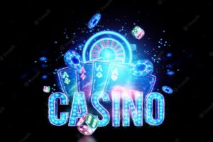 Creative background lettering casino, neon playing cards, roulette, dice on a dark background. concept for gambling, poker, flyer, header for the site. 3d illustration, 3d rendering.