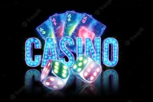 Creative background lettering casino, playing cards and dice neon letters on a dark background. gambling concept, leaflet, flyer, header for the site. 3d illustration, 3d rendering.