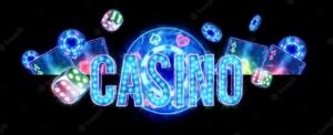 Creative casino background, inscription casino in neon letters playing cards roulette on a dark background. flyer. gambling concept, header for the site. copy space. 3d illustration, 3d render.