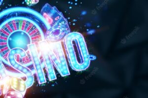 Creative casino background, inscription casino in neon letters playing cards roulette on a dark background. flyer. gambling concept, header for the site. copy space. 3d illustration, 3d render.