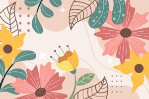 Creative colorful spring background template with flowers and leaves