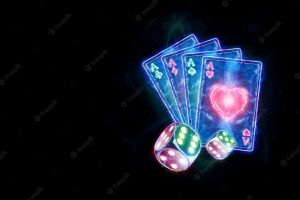 Creative poker template, design neon playing cards and dice a dark background. casino concept, gambling, header for the site. copy space, 3d illustration, 3d render.