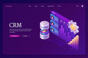 Crm, customer relationship management isometric landing page. marketing strategies and technologies for manage and development client interactions, device screen with graphs, 3d vector with web banner