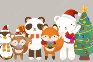 Cute animals with christmas tree and gifts on light background