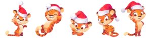 Cute baby tiger character in christmas hat