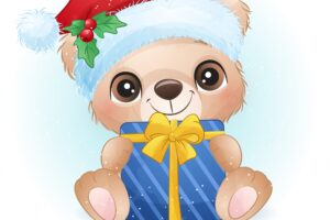 Cute  bear for christmas day with watercolor illustration