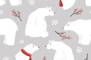 Cute christmas seamless pattern white polar bearsred scarfs holly berries and falling snowflakeshand drawn kids nordic design scandinavian winter vector illustration background