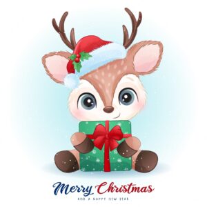 Cute  deer for christmas day with watercolor illustration