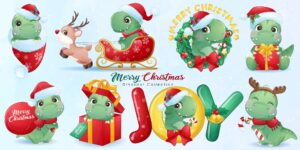 Cute dinosaur for merry christmas with watercolor illustration set