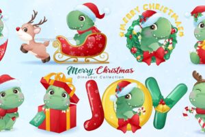 Cute dinosaur for merry christmas with watercolor illustration set