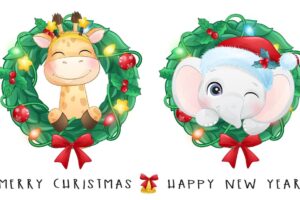 Cute doodle animals for christmas day with watercolor illustration