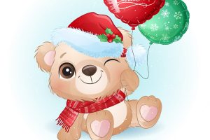 Cute doodle bear for christmas day with watercolor illustration