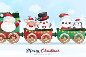 Cute doodle santa claus and friends sitting in the train for christmas day illustration