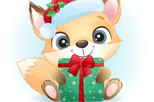 Cute  foxy for christmas day with watercolor illustration