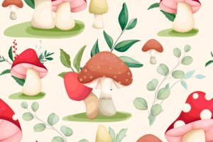 Cute hand drawing mushroom and leaves seamless pattern design