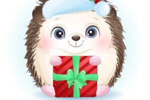 Cute  hedgehog for christmas day with watercolor illustration