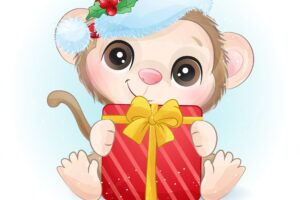 Cute  monkey for christmas day with watercolor illustration