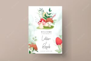 Cute mushroom and leaves hand drawing wedding invitation card