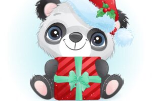 Cute  panda for christmas day with watercolor illustration