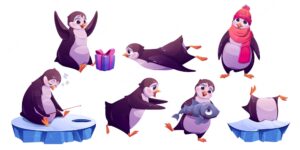 Cute penguin in different poses in winter