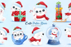 Cute  polar bear set for christmas day with watercolor illustration