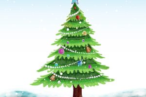 Decorated merry christmas tree holiday card background