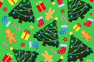 Decorative cozy shristmas background with christmas trees and gifts on green